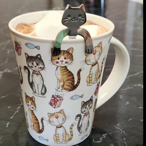 Cat Spoons Tea Spoons Cup Hugging Kitty Cats Stainless Steel 2 Piece Set - Picture 10 of 15